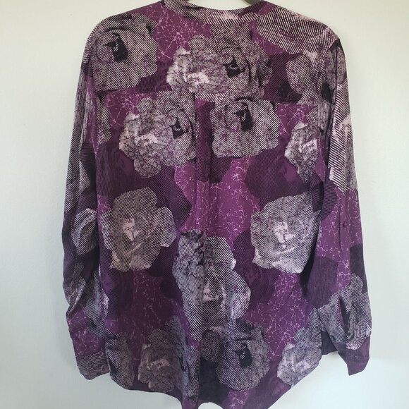 Rock & Republic Womens Roll Tab Blouse Top Purple Floral Large Front Tie Hi Lo - Picture 2 of 10